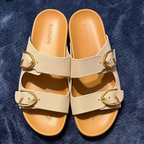 Rothy's Tan Slide Sandals with Gold Buckles - Picture 1 of 2